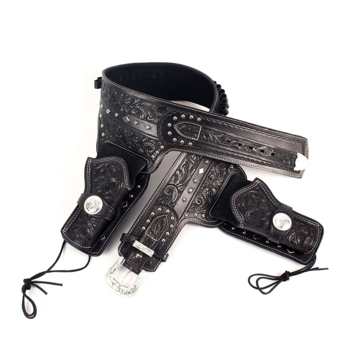 Silver King Leather Gun Belt With Double Holster - Open Top OWB Leather Western Holster