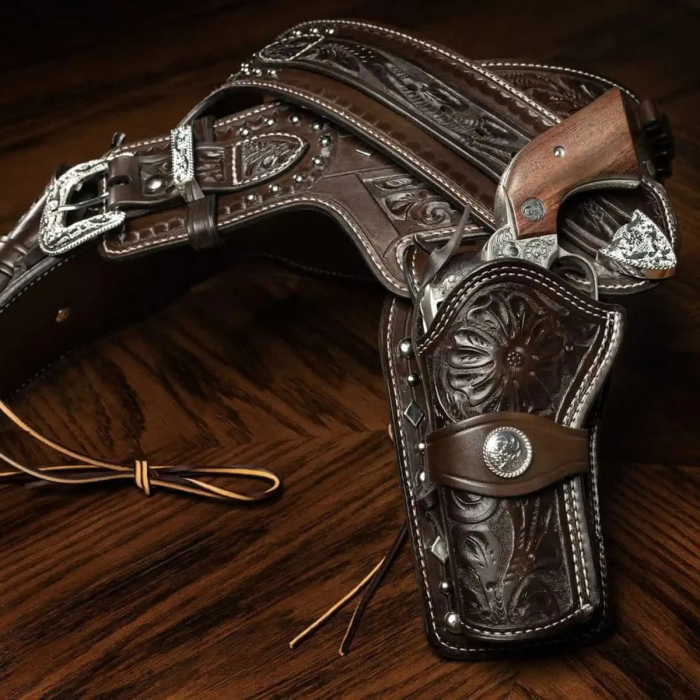 Silver King Leather Gun Belt With Double Holster - Open Top OWB Leather Western Holster