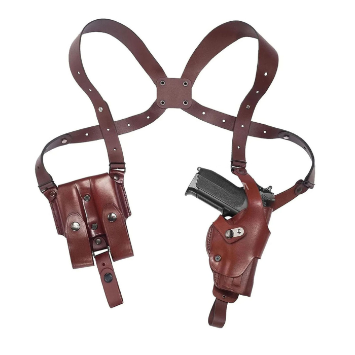 Brown Leather Vertical Roto Shoulder Holster – Double Mag Pouch (Steel Thumb Break)