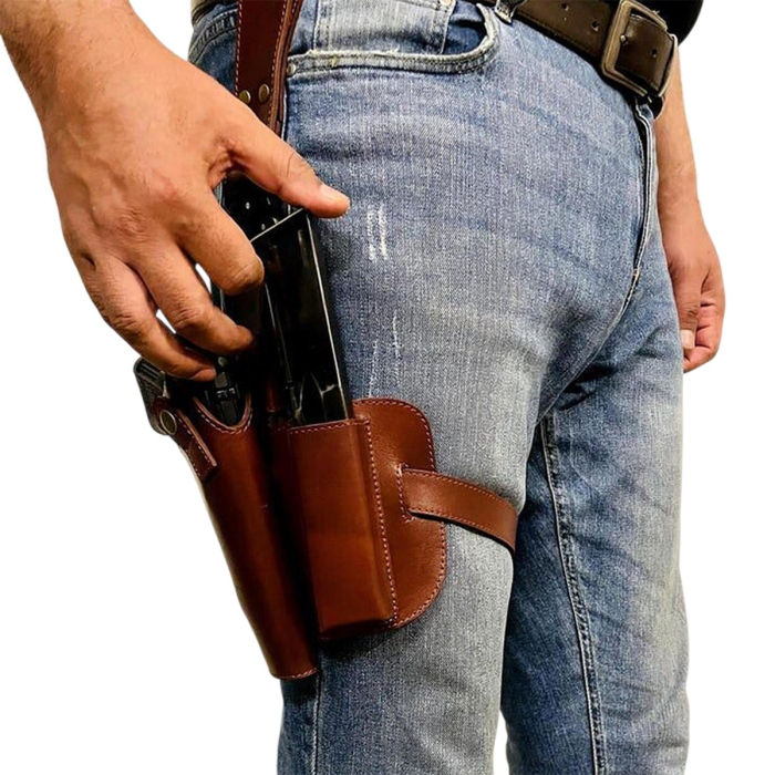 Drop-Leg Tactical Brown Leather Thigh Holster with Clip Pouch