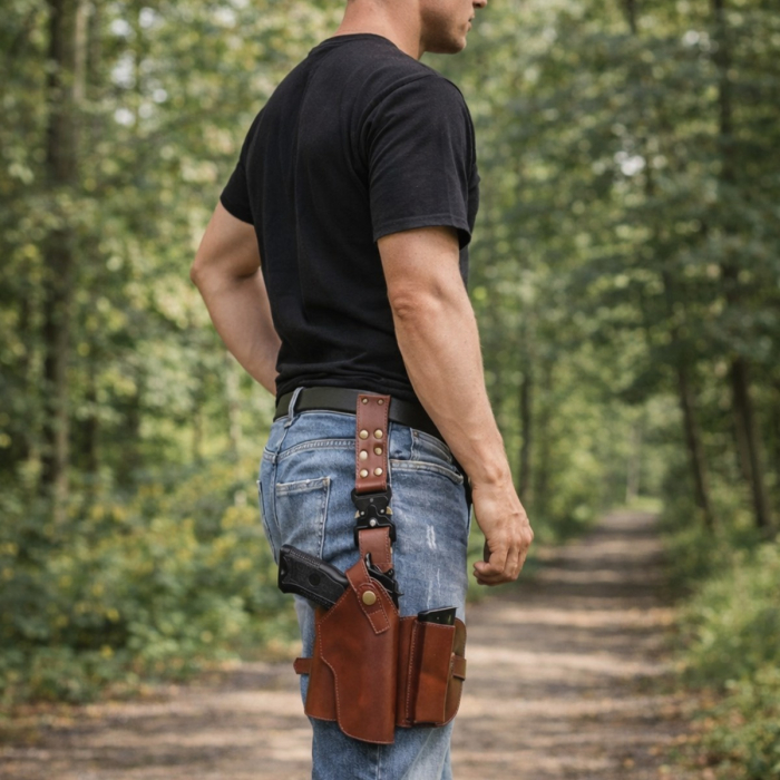 Drop-Leg Tactical Brown Leather Thigh Holster with Clip Pouch