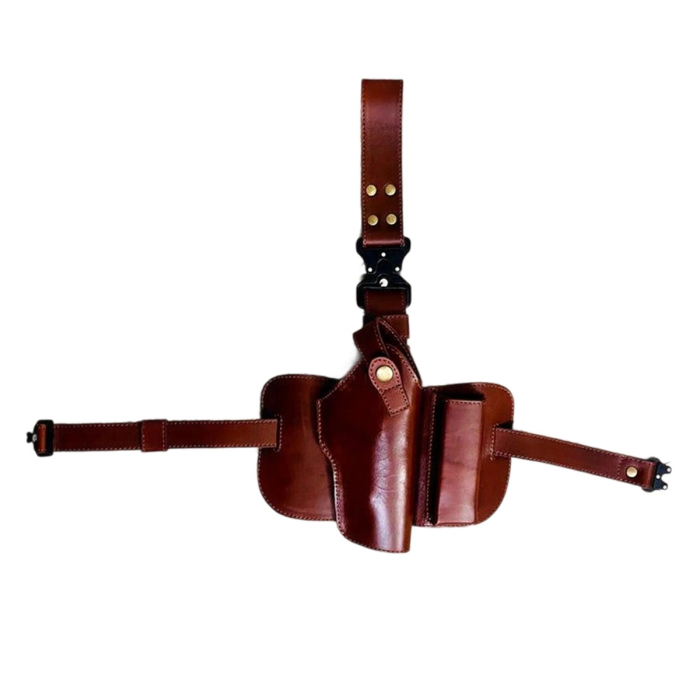 Drop-Leg Tactical Brown Leather Thigh Holster with Clip Pouch