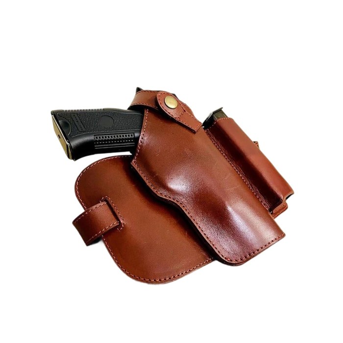 Drop-Leg Tactical Brown Leather Thigh Holster with Clip Pouch