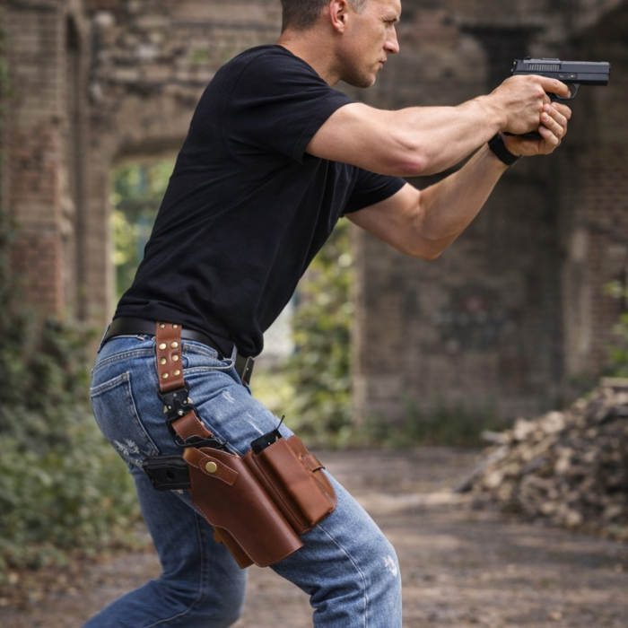 Drop-Leg Tactical Brown Leather Thigh Holster with Clip Pouch