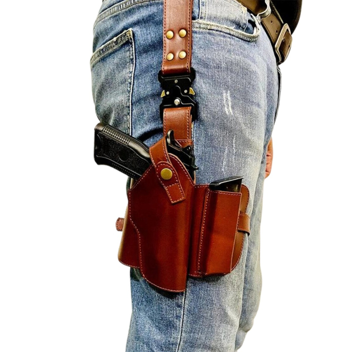 Drop-Leg Tactical Brown Leather Thigh Holster with Clip Pouch