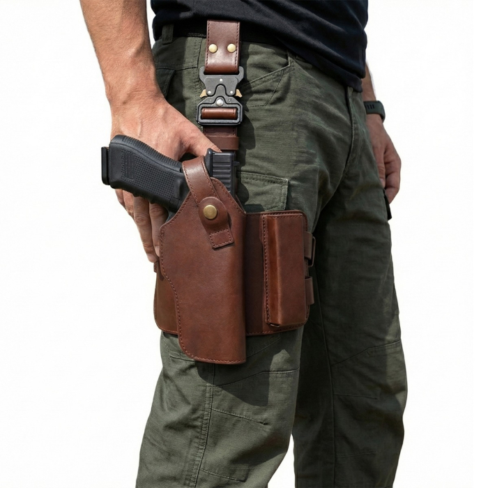Tactical Full-Grain Leather Drop-Leg Thigh Holster with Clip Pouch