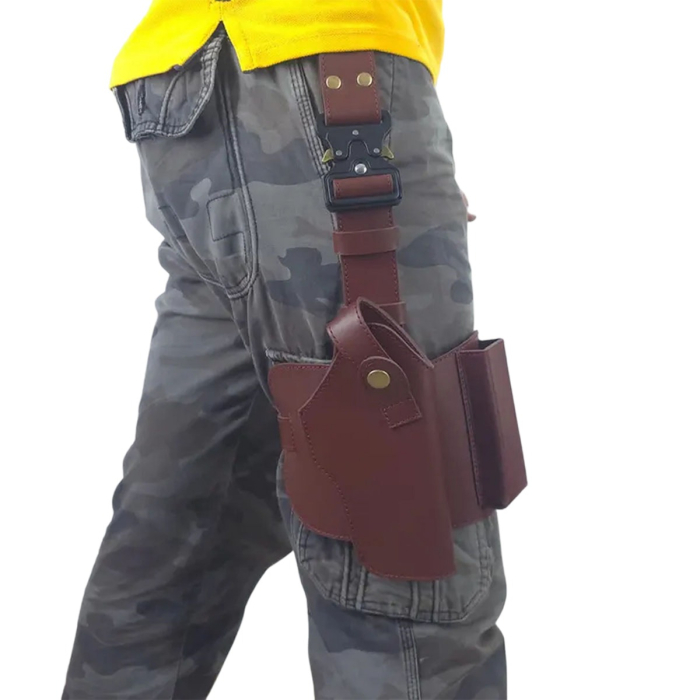 Tactical Full-Grain Leather Drop-Leg Thigh Holster with Clip Pouch