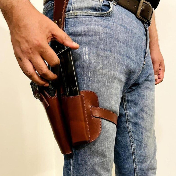 Tactical Brown Leather Thigh Holster – Handmade Drop Leg Holder with Adjustable Straps & Clip Pouch | Fits 9mm Firearms