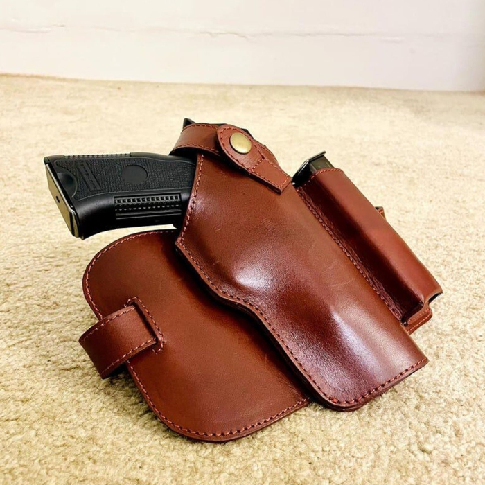 Tactical Brown Leather Thigh Holster – Handmade Drop Leg Holder with Adjustable Straps & Clip Pouch | Fits 9mm Firearms