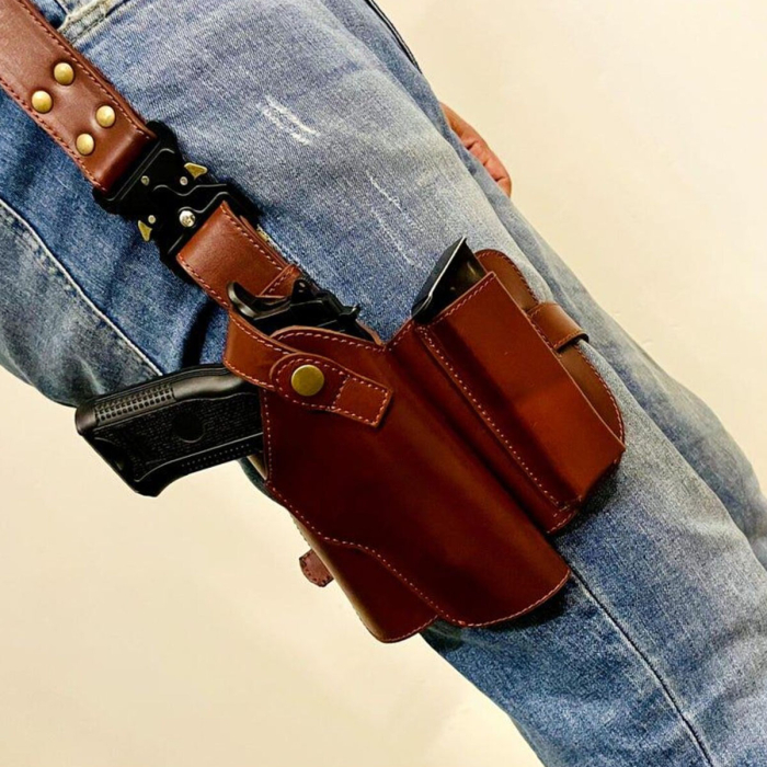 Tactical Brown Leather Thigh Holster – Handmade Drop Leg Holder with Adjustable Straps & Clip Pouch | Fits 9mm Firearms