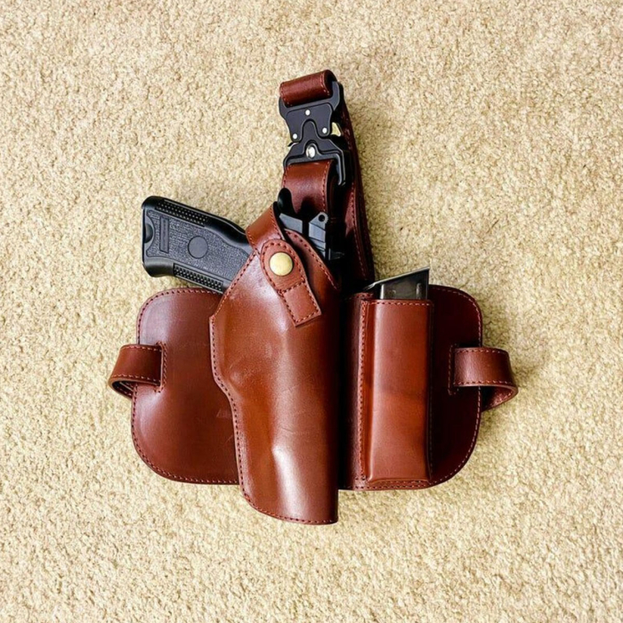 Tactical Brown Leather Thigh Holster – Handmade Drop Leg Holder with Adjustable Straps & Clip Pouch | Fits 9mm Firearms