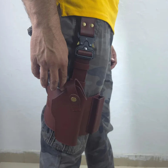 Tactical Leather Thigh Holster – Adjustable Drop-Leg Holder with Clip Pouch for 9mm Firearms