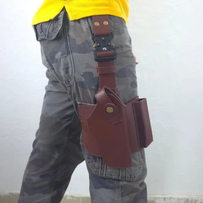 Tactical Leather Thigh Holster – Adjustable Drop-Leg Holder with Clip Pouch for 9mm Firearms