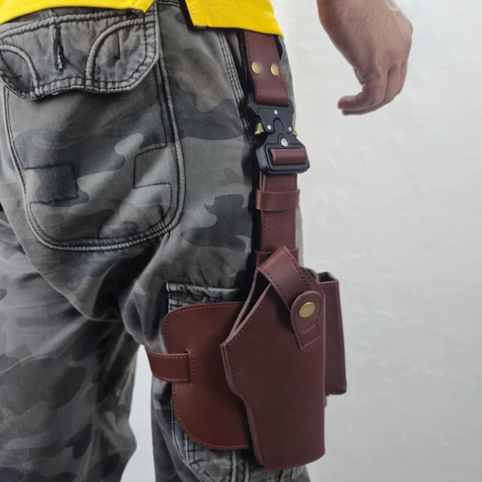 Tactical Leather Thigh Holster – Adjustable Drop-Leg Holder with Clip Pouch for 9mm Firearms
