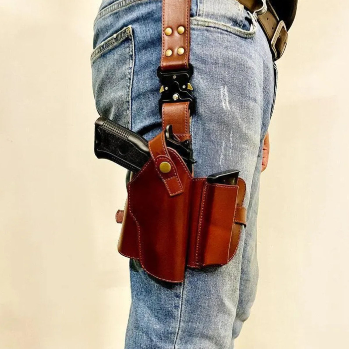 Tactical Leather Thigh Holster – Handmade Drop-Leg 9mm Holder with Adjustable Straps & Clip Pouch
