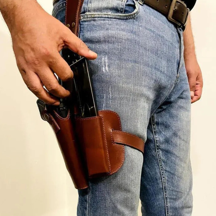 Tactical Leather Thigh Holster – Handmade Drop-Leg 9mm Holder with Adjustable Straps & Clip Pouch
