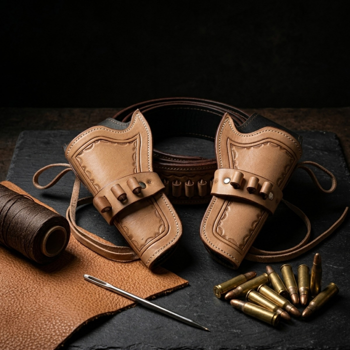 Tan Western Leather Double Revolver Holster Belt with Ammo Loops