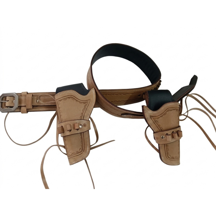 Tan Western Leather Double Revolver Holster Belt with Ammo Loops