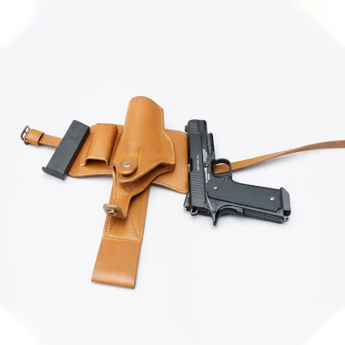 Tan Leather Drop Leg Holster with Magazine Pouch