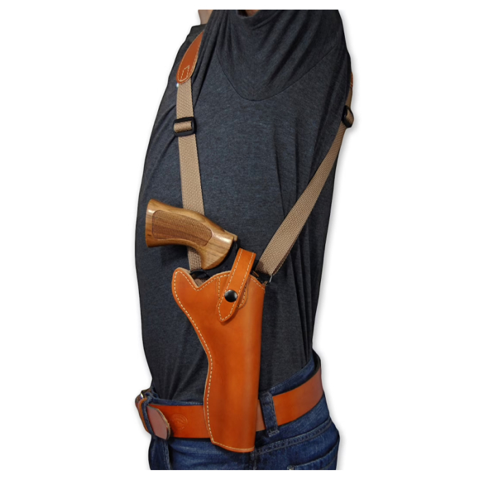Handmade Tan Leather Vertical Shoulder Holster for Revolvers – Webbing Harness