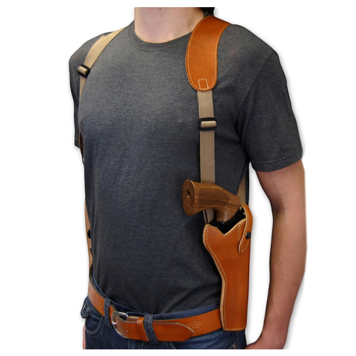 Handmade Tan Leather Vertical Shoulder Holster for Revolvers – Webbing Harness