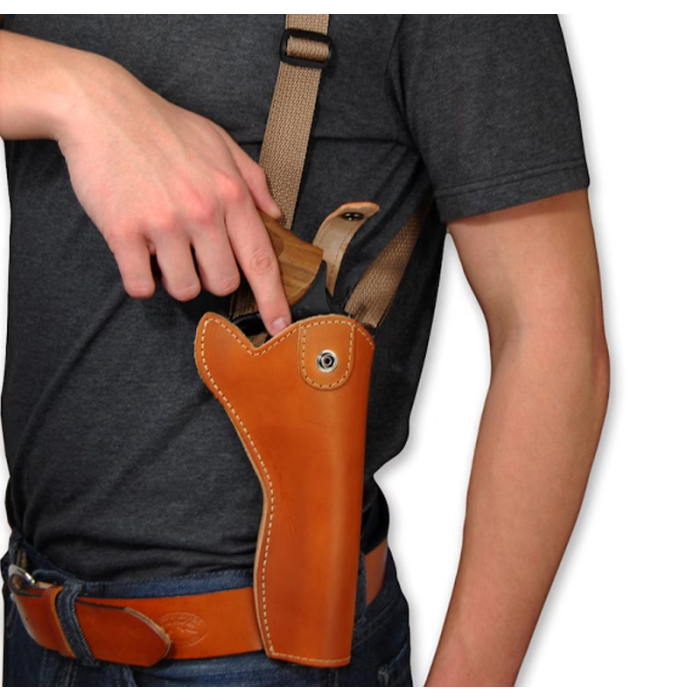 Handmade Tan Leather Vertical Shoulder Holster for Revolvers – Webbing Harness