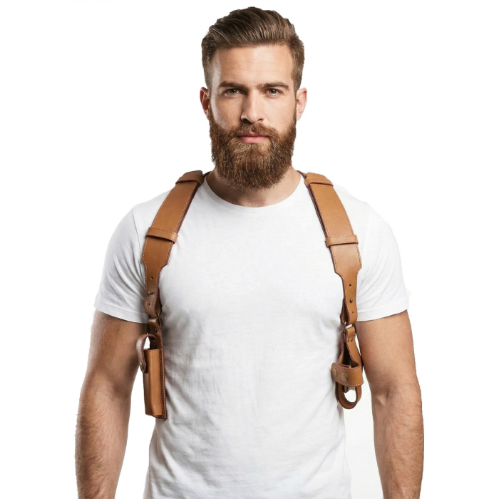 Tan Leather Shoulder Harness Holster With Dual Pouches