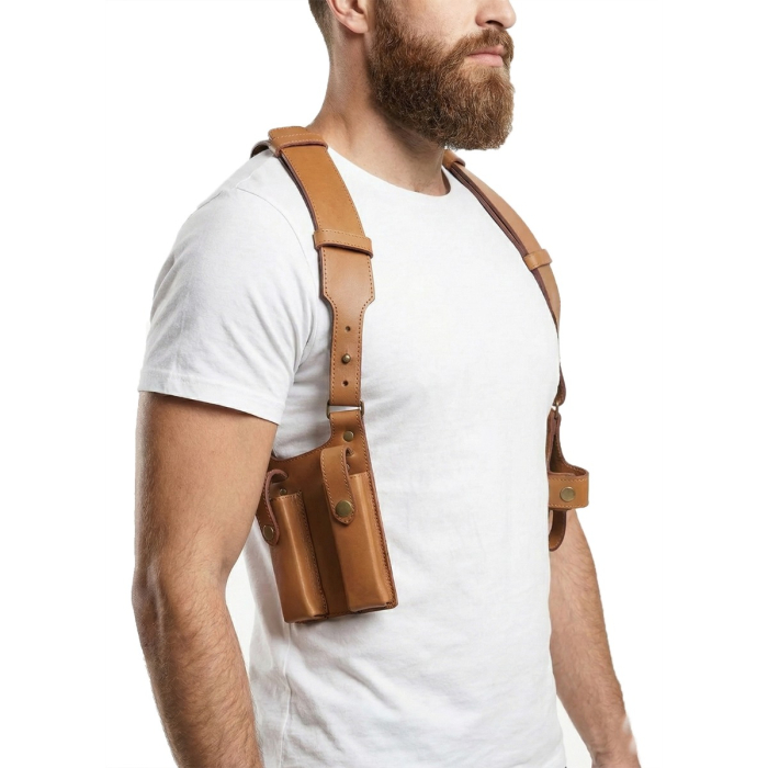 Tan Leather Shoulder Harness Holster With Dual Pouches