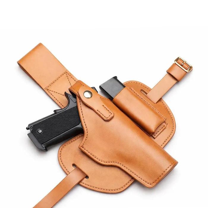 Tan Leather Drop Leg Holster with Magazine Pouch