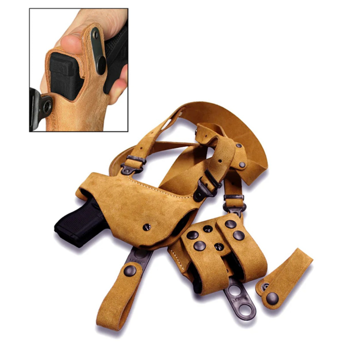 Tan Suede Horizontal Shoulder Holster With Double Mag Carrier