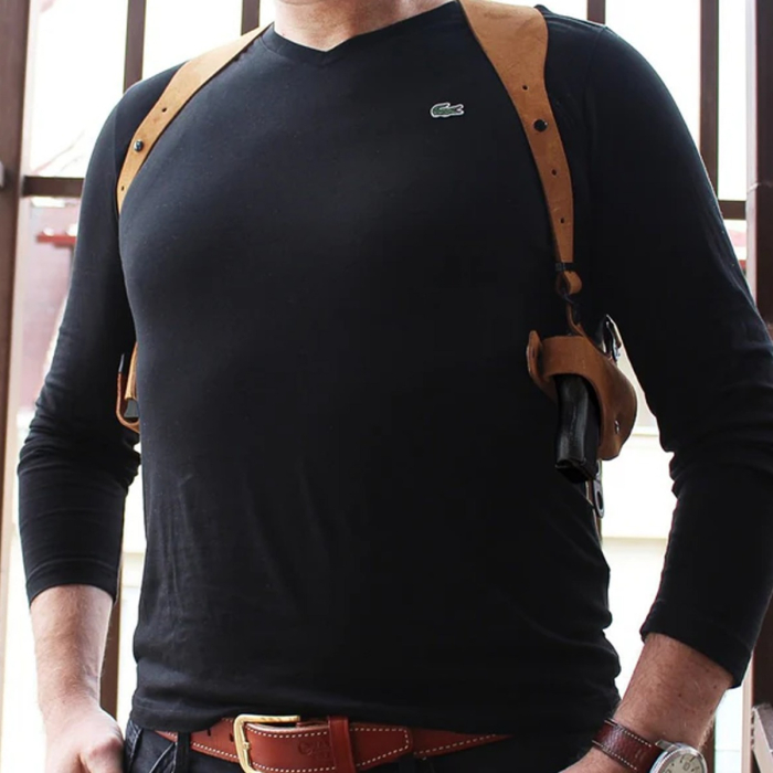 Tan Suede Horizontal Shoulder Holster With Mag Carrier