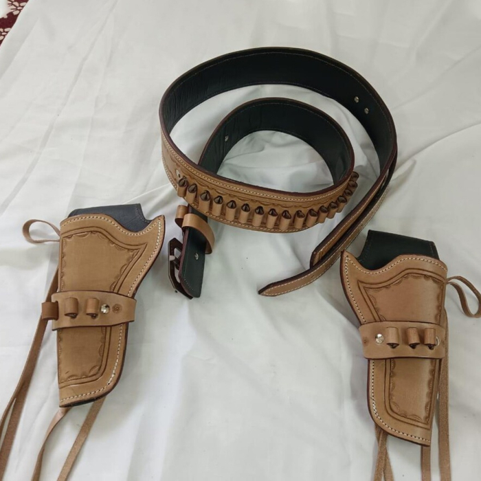 Tan Western Leather Double Revolver Holster Belt with Ammo Loops