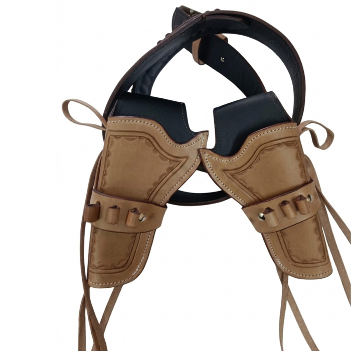 Tan Western Leather Double Revolver Holster Belt with Ammo Loops
