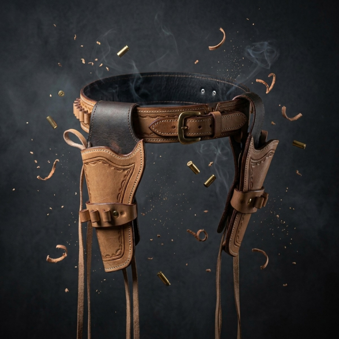 Tan Western Leather Double Revolver Holster Belt with Ammo Loops