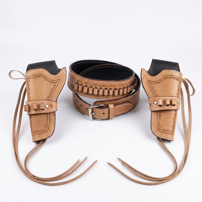 Tan Western Leather Double Revolver Holster Belt with Ammo Loops