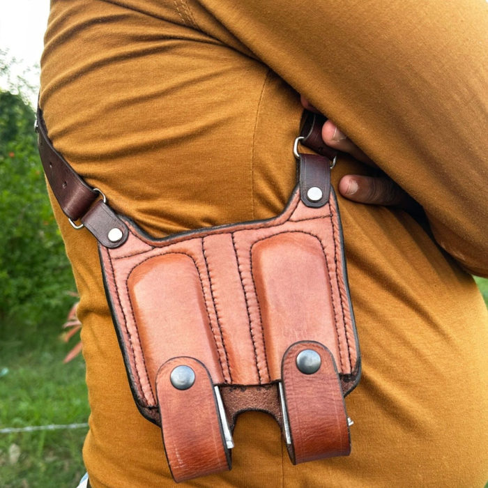 Tan Leather Horizontal Shoulder Holster System – Double Mag Pouch, Open-Top (OWB Convertible)