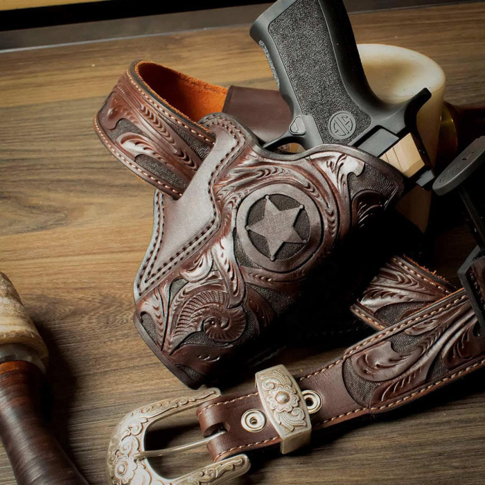 Texas BBQ Rig – Floral Hand-Carved Leather Gun Belt with 3-Piece Buckle, Open Top OWB Western Holster, and Double Carry Magazine Pouch