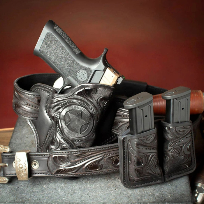 Texas BBQ Rig – Floral Hand-Carved Leather Gun Belt with 3-Piece Buckle, Open Top OWB Western Holster, and Double Carry Magazine Pouch