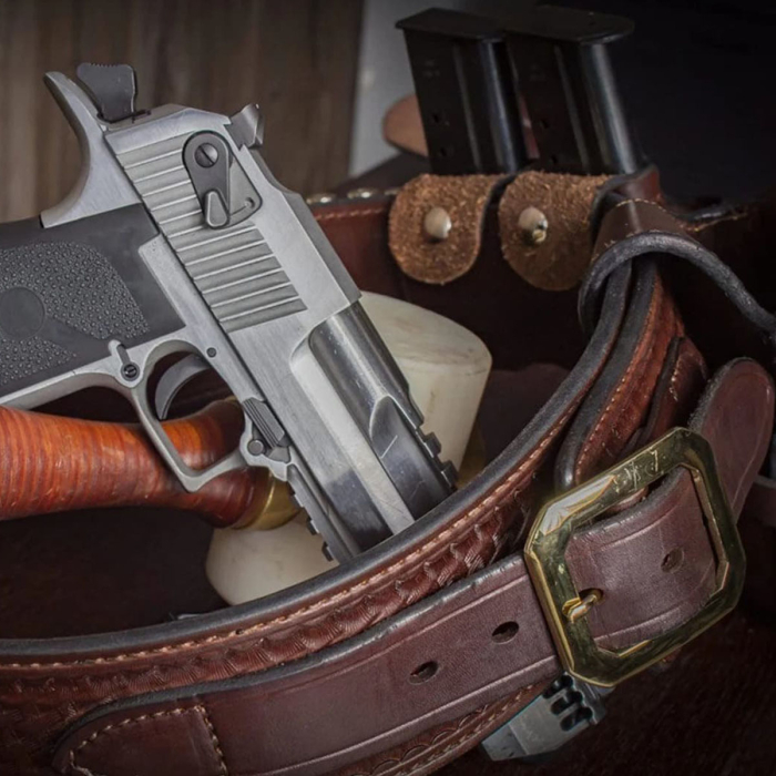 Basket Weave Hand Carved Leather Gun Belt - OWB Cross Draw Leather Western Holster With Double Carry Magazine Pouch