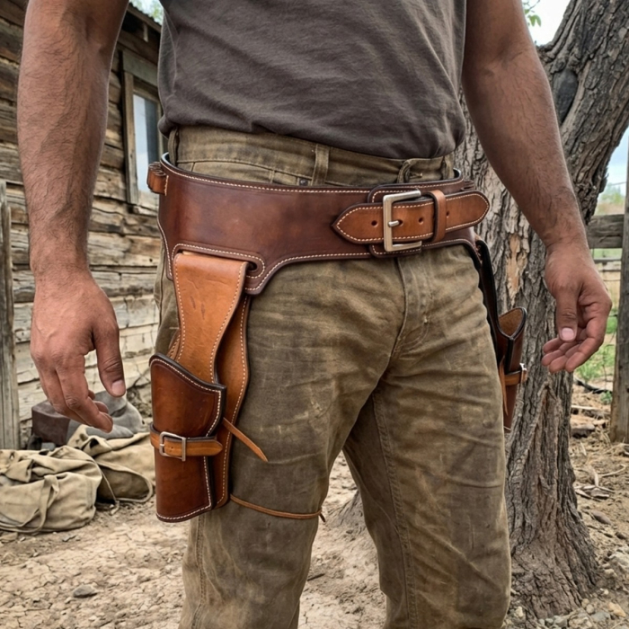 Brown Western Leather Double Revolver Holster Belt with Cartridge Loops