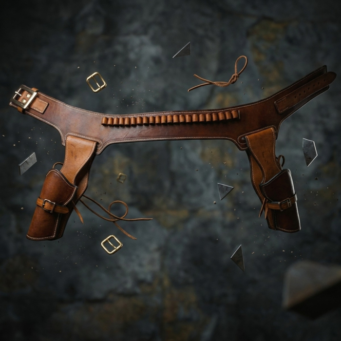 Brown Western Leather Double Revolver Holster Belt with Cartridge Loops