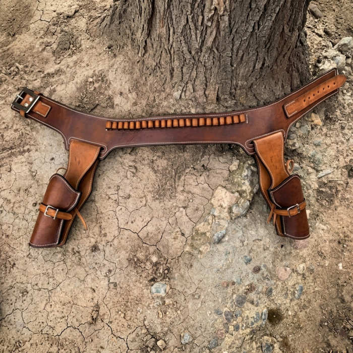 Brown Western Leather Double Revolver Holster Belt with Cartridge Loops