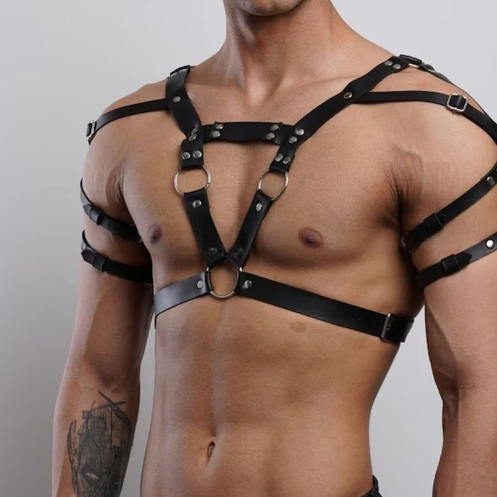 Men’s Leather Chest Harness – Festival Dance Outfit, Burning Man Costume, Bulldog Style Fashion Accessory 
