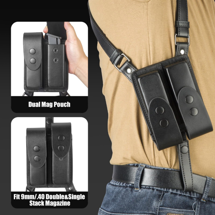 Black Vertical Shoulder Holster with Double Magazine Pouch