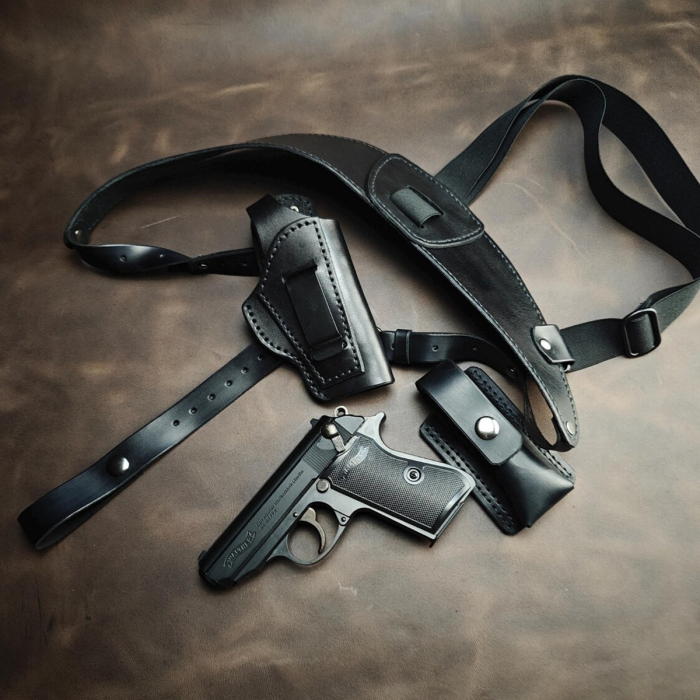 Black Leather PPK/S Shoulder Holster With Clip Pouch