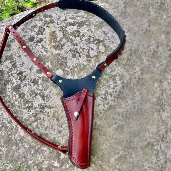 Western Leather Chest Shoulder Holster Rig with Ammo Loops