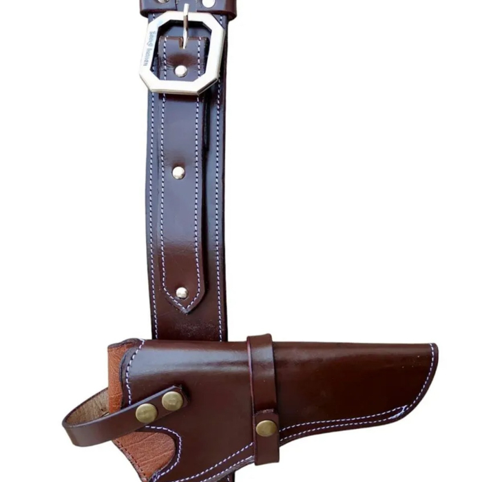 Brown Leather Western Revolver Holster With Cartridge Belt
