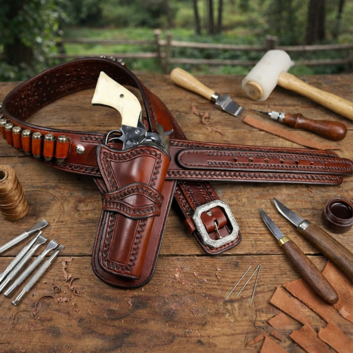 Western Tooled Leather Gun Belt With Single Revolver Holster