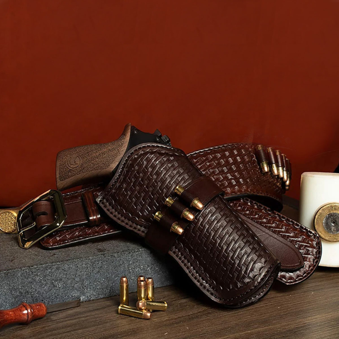 Basket Weave Hand-Carved Leather Gun Belt with Bullet Loops – OWB Cross Draw Western Leather Holster