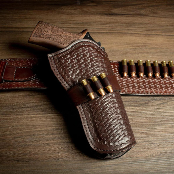 Basket Weave Hand-Carved Leather Gun Belt with Bullet Loops – OWB Cross Draw Western Leather Holster